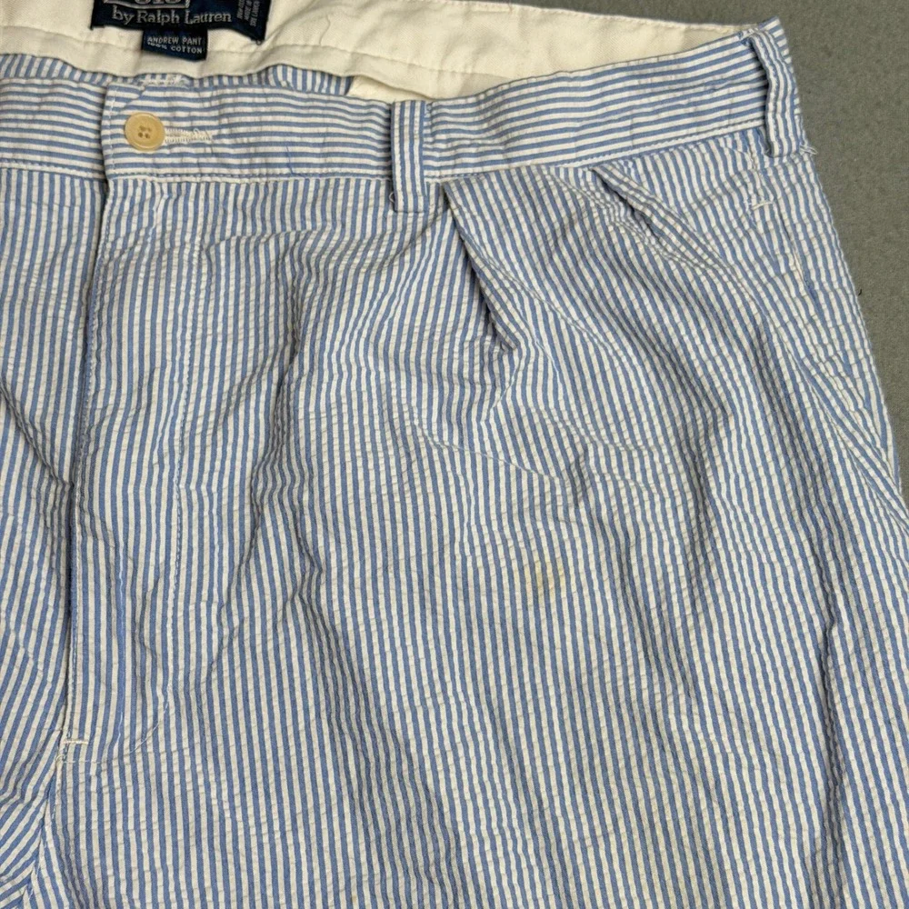 Polo Ralph Lauren Andrew Pant Mens 40x30 Blue White Seersucker Striped Pleated